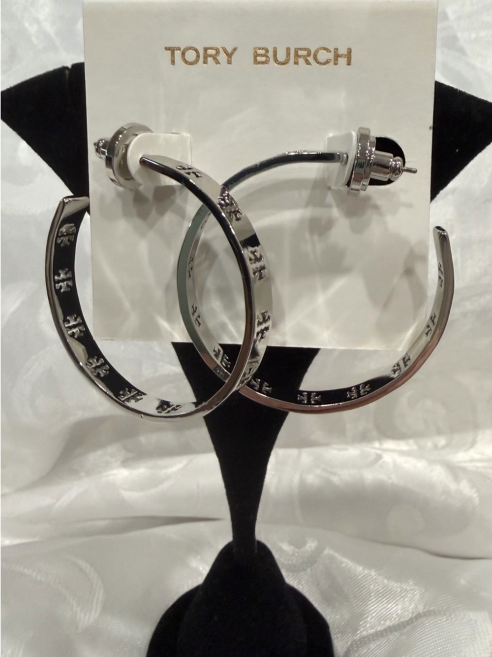 Tory Burch Silver Logo Hoop Earrings 1.5” diameter. New